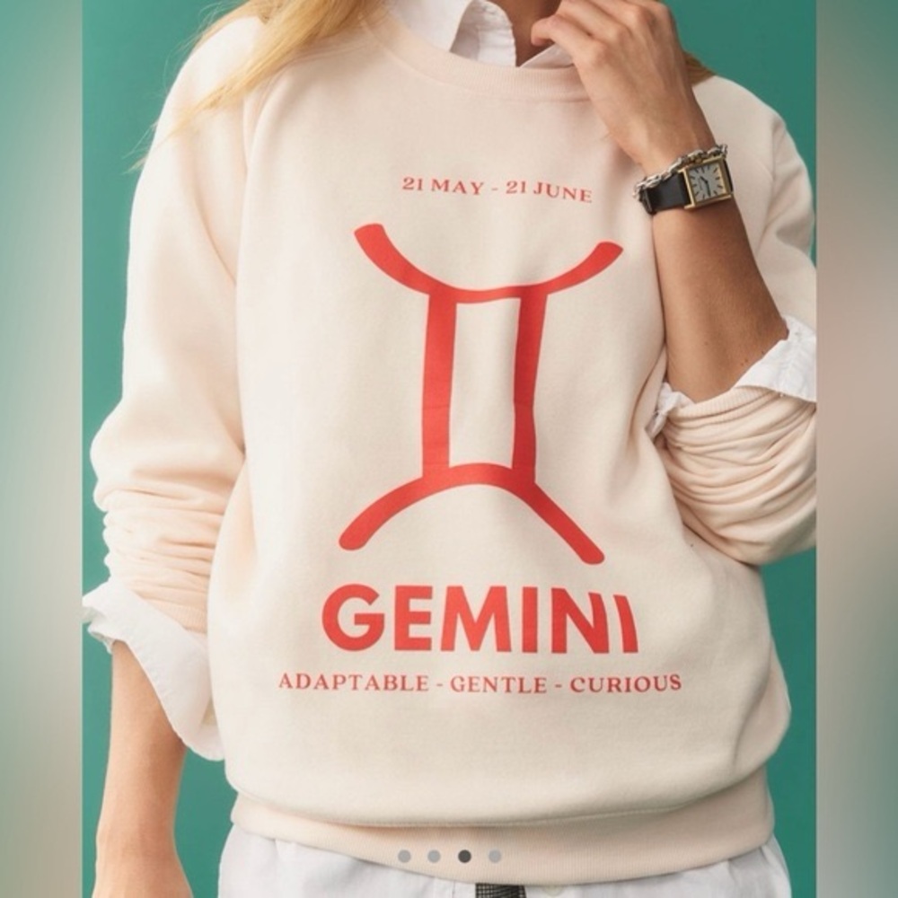 BRAND NEW Anthropologie Gemini Zodiac Cream Sweatshirt with Red Design